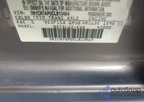 2012 Nissan Versa 1.6 Sl z USA, uszkodzony, nr VIN 3N1CN7AP0CL813464